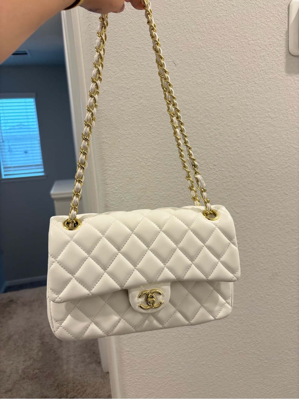 White Quilted Chain Shoulder Bag with Gold Hardware